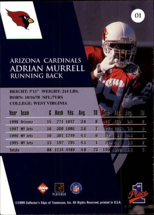 1999 Collector's Edge First Place #1 Adrian Murrell back image