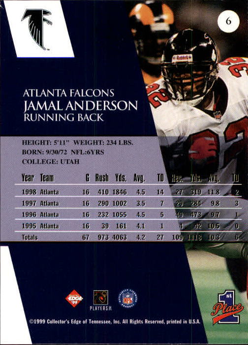 1999 Collector's Edge First Place #6 Jamal Anderson back image