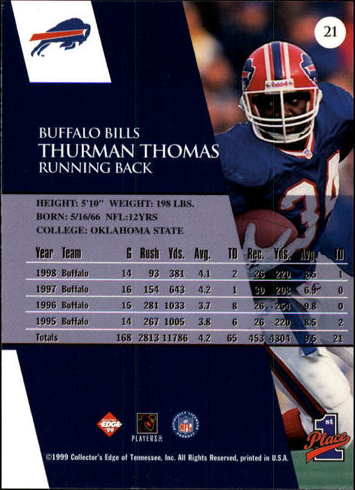 1999 Collector's Edge First Place #21 Thurman Thomas back image