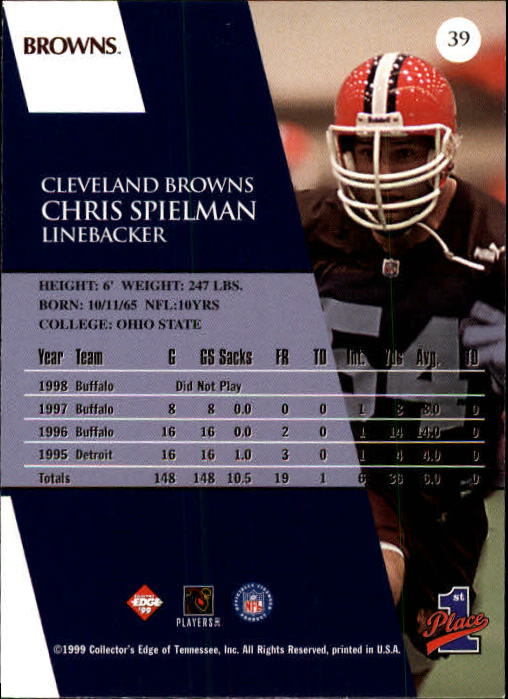 1999 Collector's Edge First Place #39 Chris Spielman back image