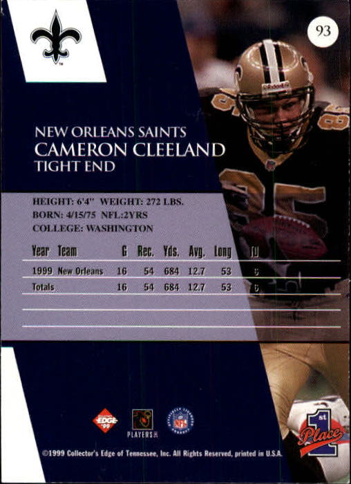1999 Collector's Edge First Place #93 Cameron Cleeland back image