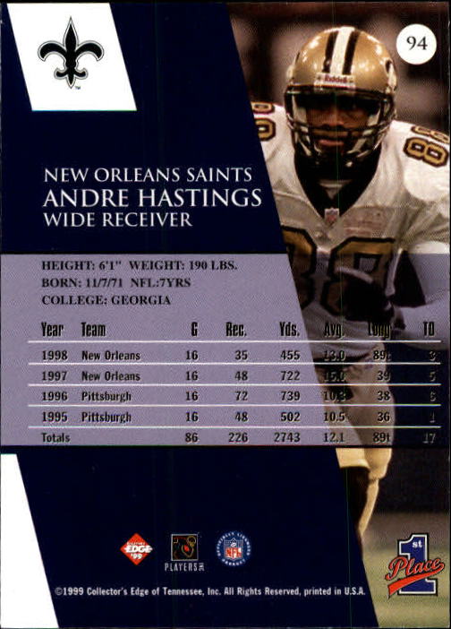 1999 Collector's Edge First Place #94 Andre Hastings back image
