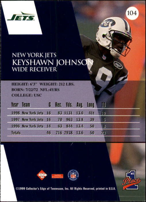 1999 Collector's Edge First Place #104 Keyshawn Johnson back image