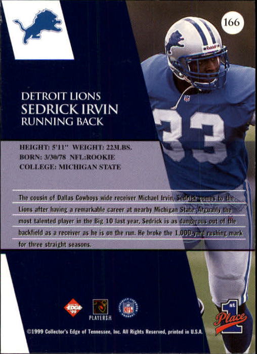 1999 Collector's Edge First Place #166 Sedrick Irvin RC back image