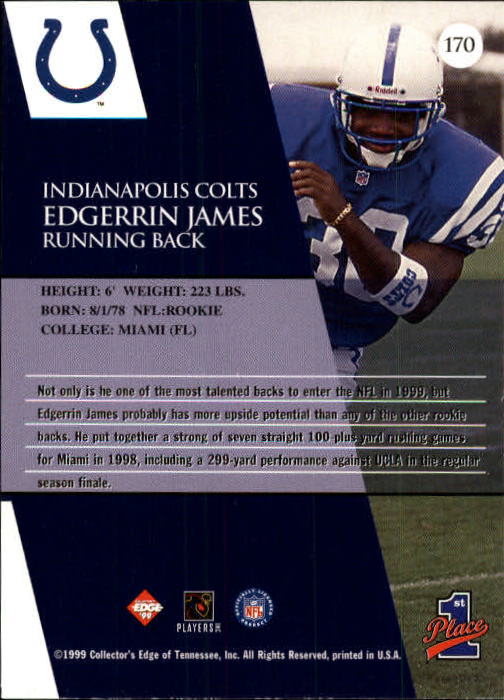 1999 Collector's Edge First Place #170 Edgerrin James RC back image