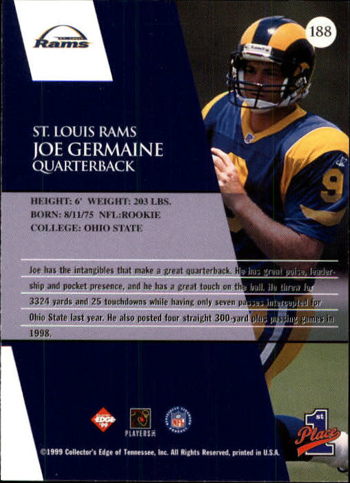 1999 Collector's Edge First Place #188 Joe Germaine RC back image