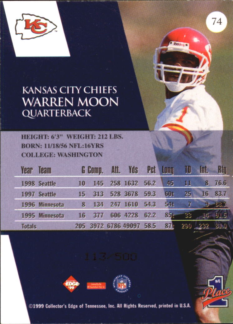 1999 Collector's Edge First Place Galvanized #74 Warren Moon back image