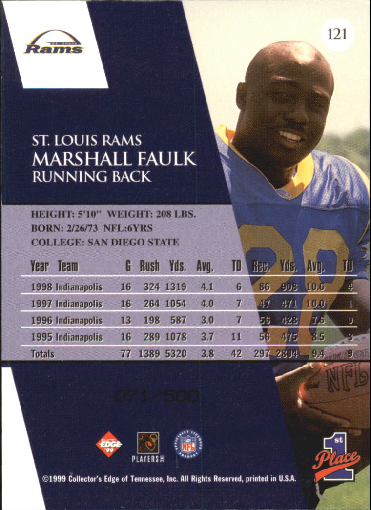 1999 Collector's Edge First Place Galvanized #121 Marshall Faulk back image