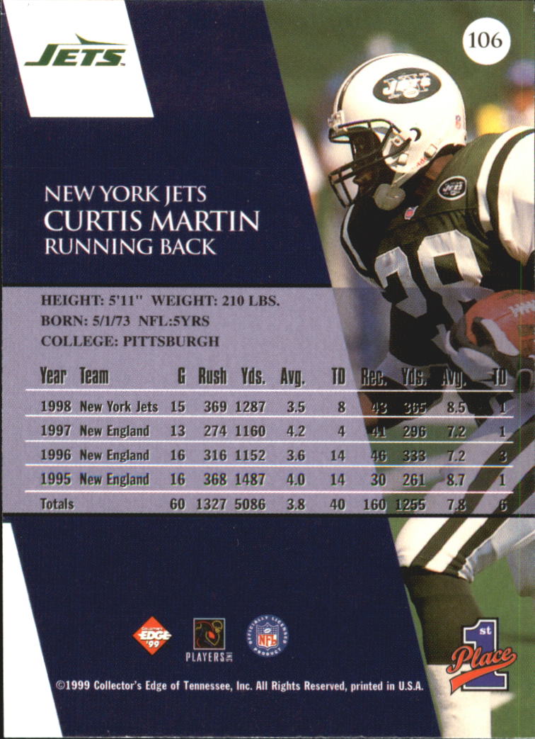 1999 Collector's Edge First Place Gold Ingot #106 Curtis Martin back image