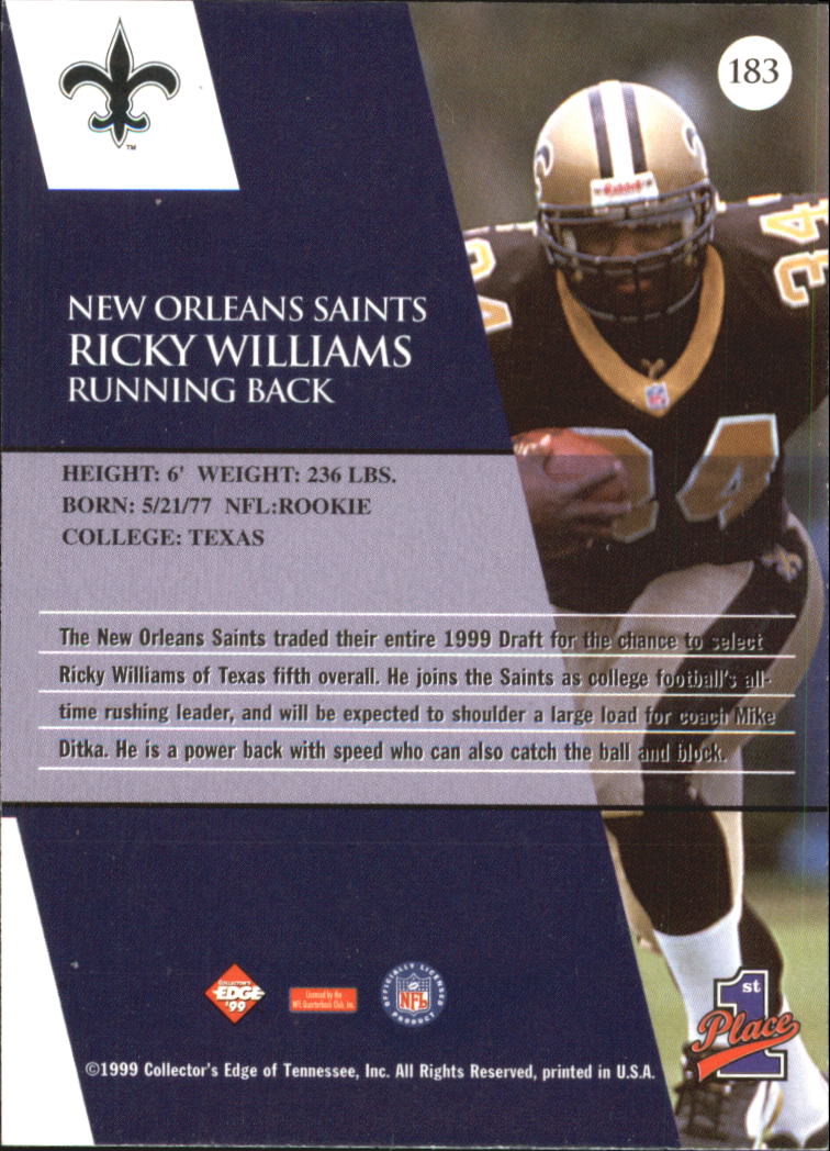 1999 Collector's Edge First Place Gold Ingot #183 Ricky Williams back image