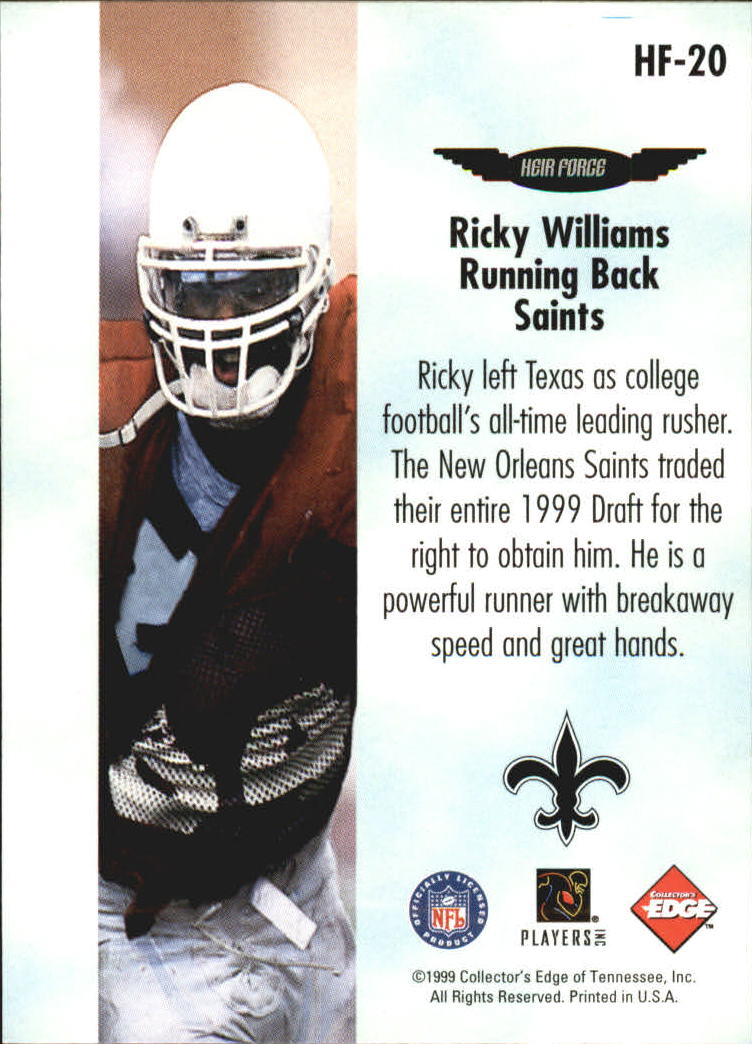 1999 Collector's Edge Fury Heir Force #HF20 Ricky Williams back image