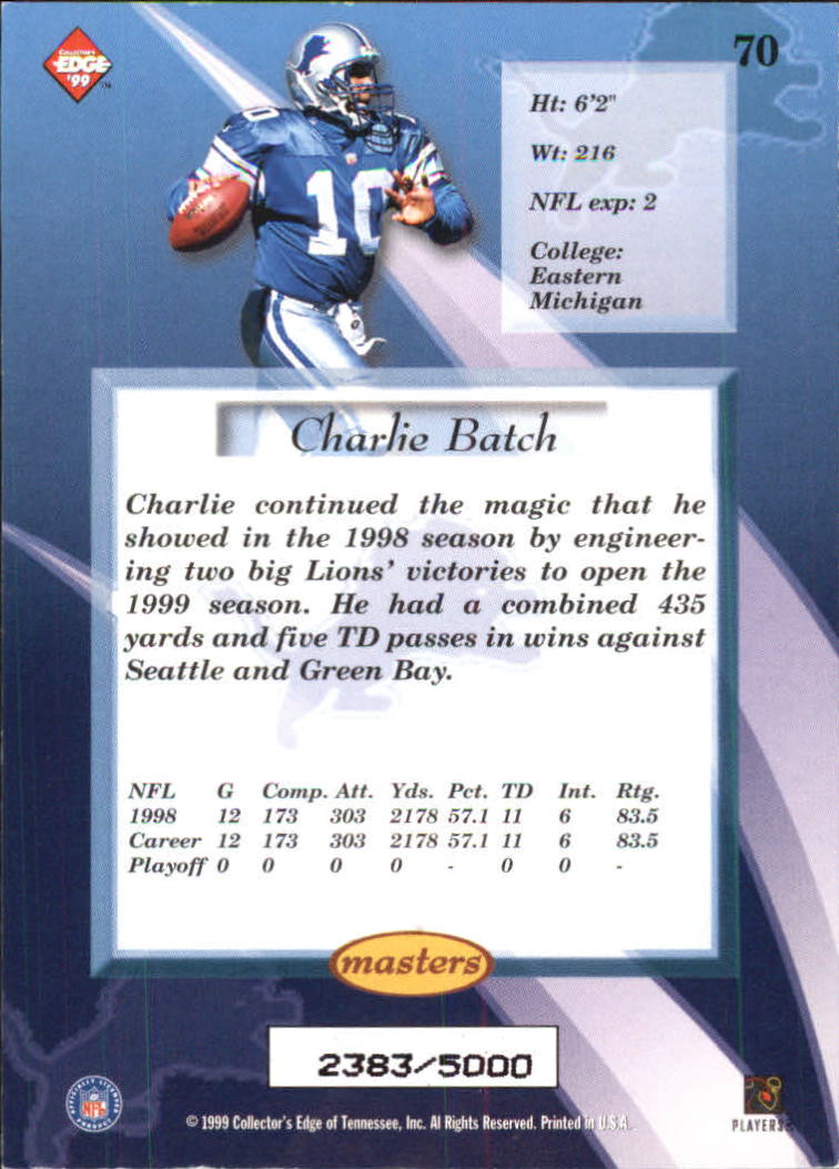 1999 Collector's Edge Masters #70 Charlie Batch back image