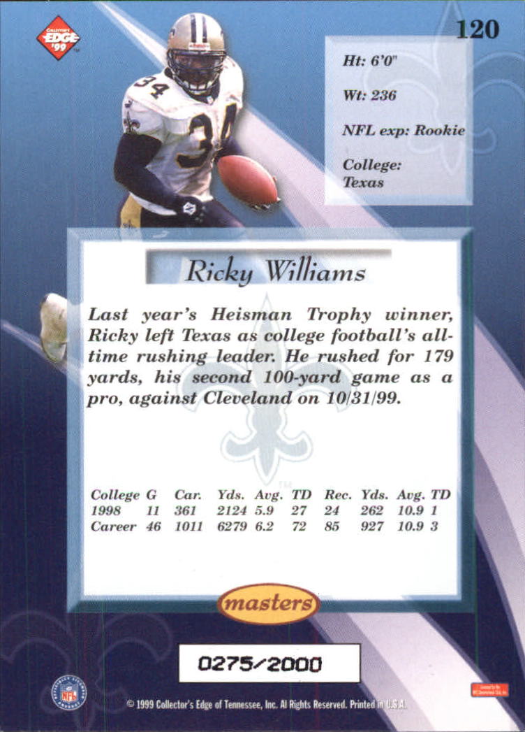 1999 Collector's Edge Masters #120 Ricky Williams RC back image