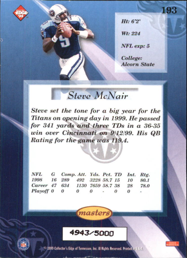 1999 Collector's Edge Masters #193 Steve McNair back image