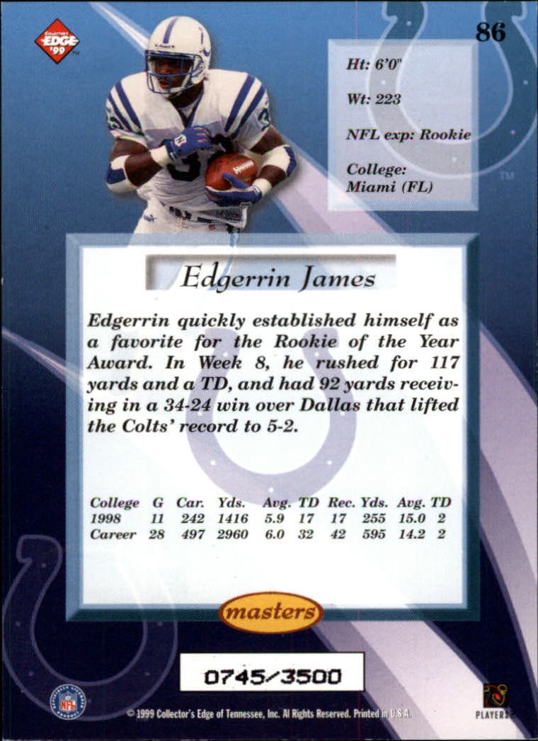 1999 Collector's Edge Masters HoloSilver #86 Edgerrin James back image