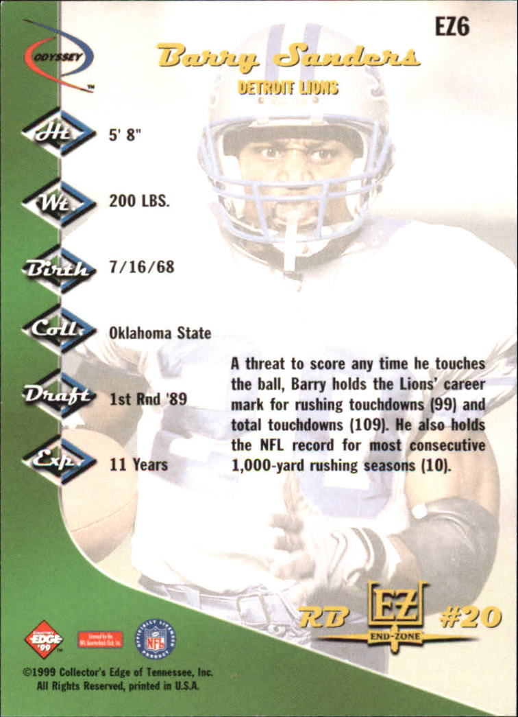 1999 Collector's Edge Odyssey End Zone #EZ6 Barry Sanders back image