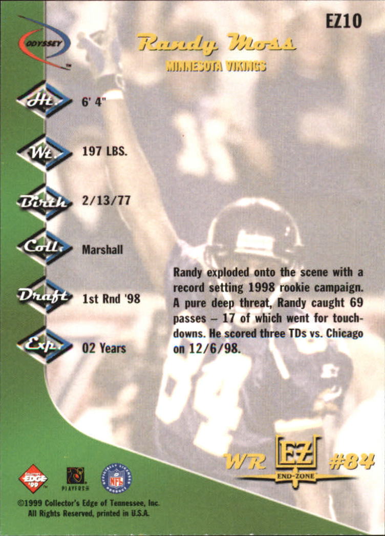 1999 Collector's Edge Odyssey End Zone #EZ10 Randy Moss back image