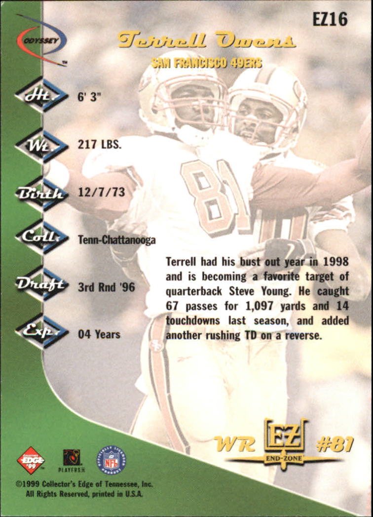 1999 Collector's Edge Odyssey End Zone #EZ16 Terrell Owens back image
