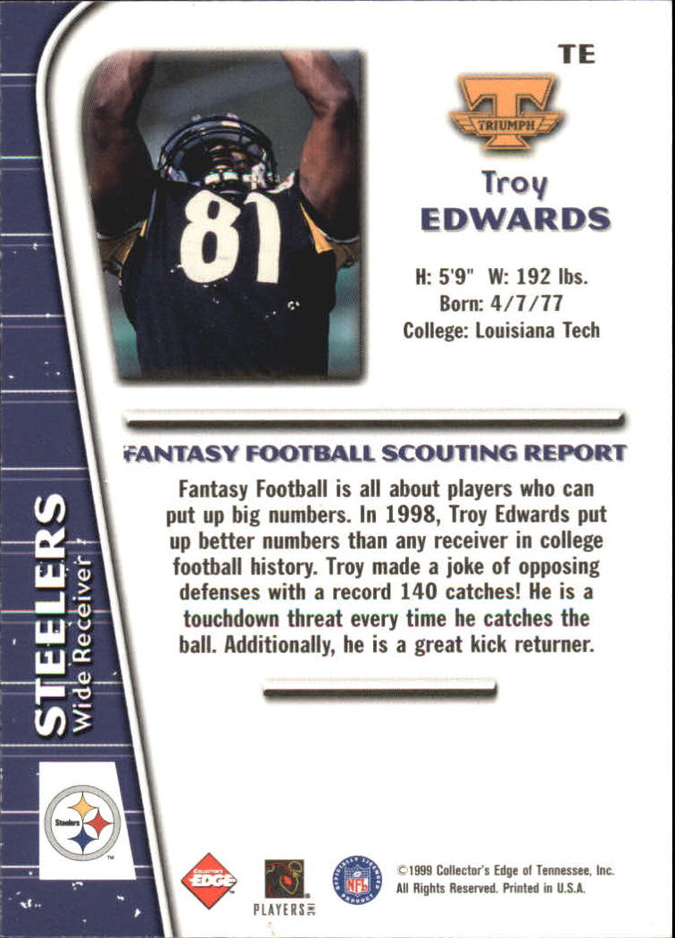 1999 Collector's Edge Triumph Signed, Sealed, Delivered #TE Troy Edwards back image