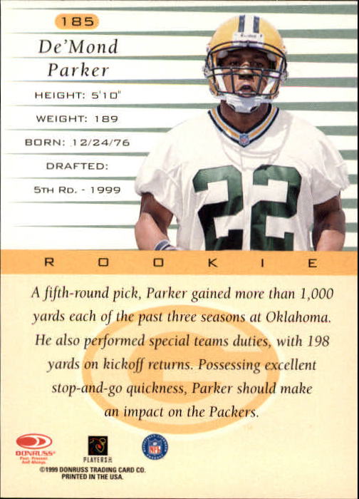 1999 Donruss #185 De'Mond Parker RC back image