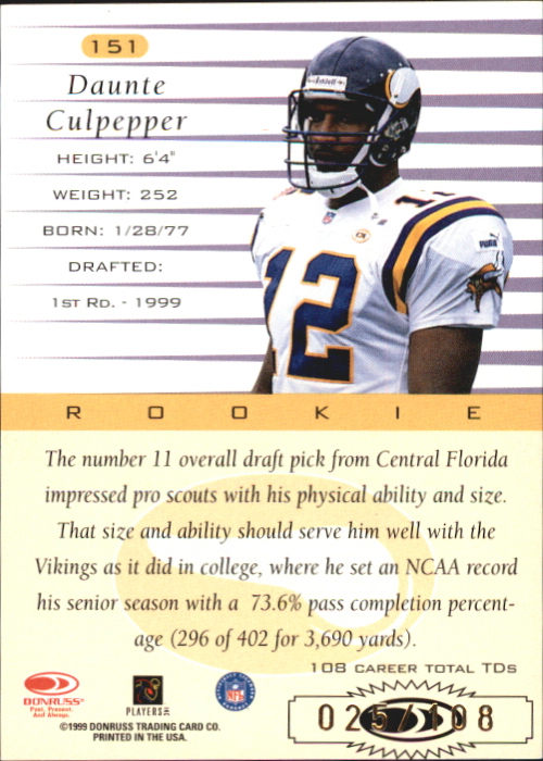 1999 Donruss Stat Line Career #151 Daunte Culpepper/108 back image