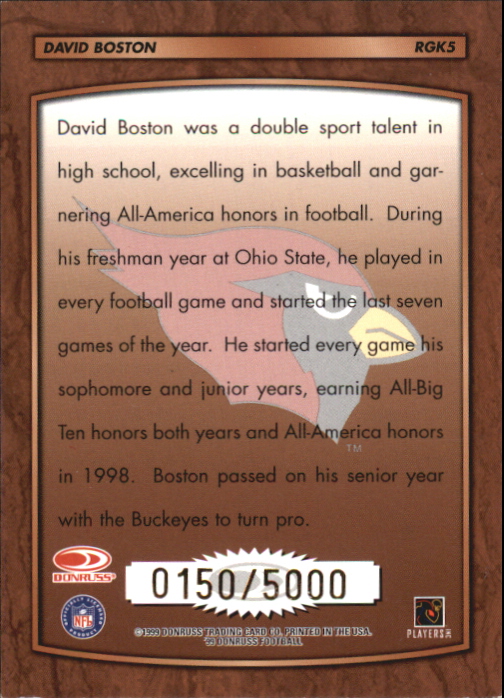 1999 Donruss Rookie Gridiron Kings Canvas #RGK5 David Boston back image