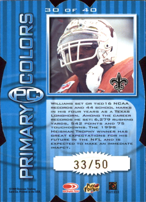 1999 Donruss Elite Primary Colors Die Cuts Blue #30 Ricky Williams back image