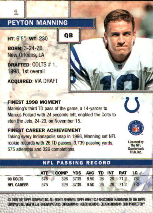 1999 Finest #1 Peyton Manning back image