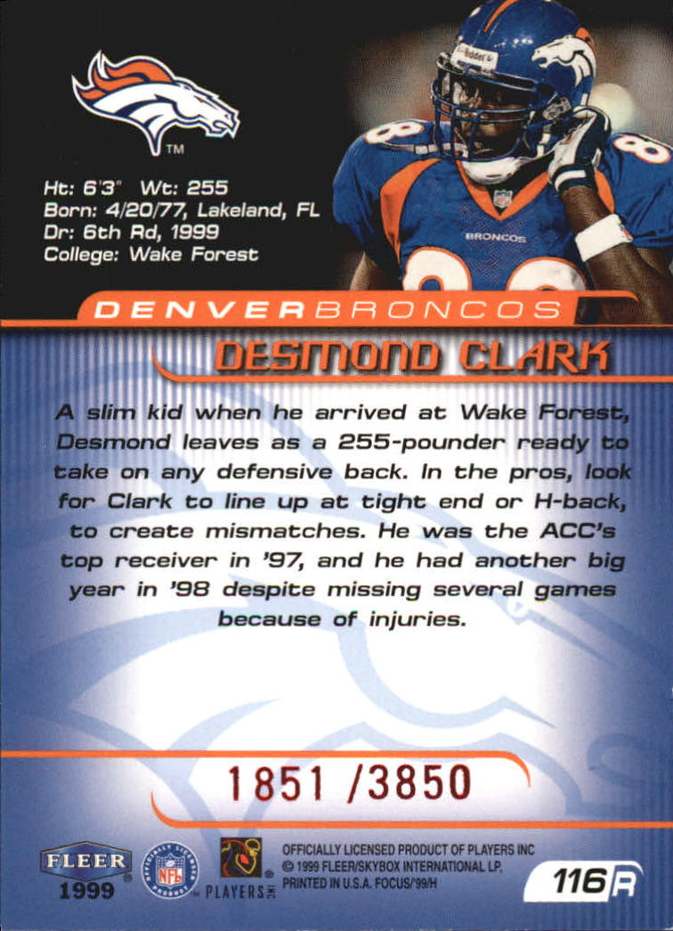 1999 Fleer Focus #116 Desmond Clark RC back image