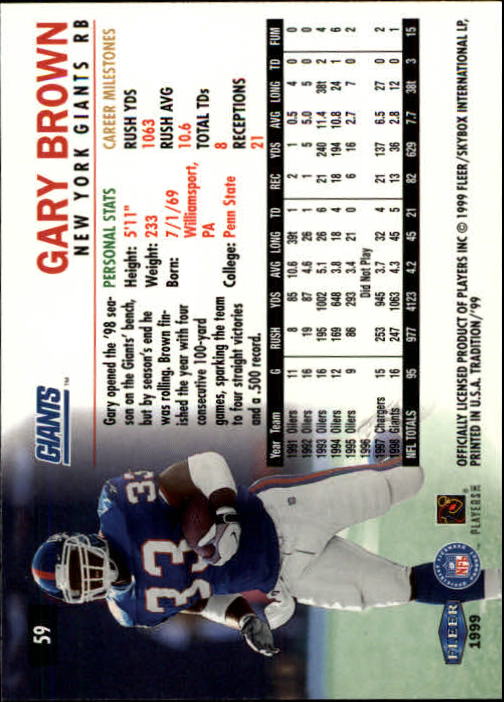 1999 Fleer Tradition #59 Gary Brown back image