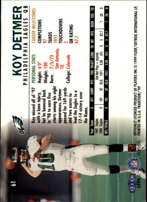 1999 Fleer Tradition #61 Koy Detmer back image