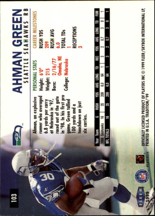1999 Fleer Tradition #103 Ahman Green back image