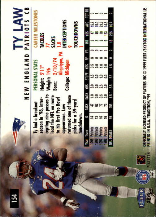 1999 Fleer Tradition #154 Ty Law back image