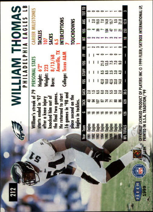 1999 Tradition (Fleer) Football "Main Set" Base Cards #151 to #300 - Picture 119 of 285