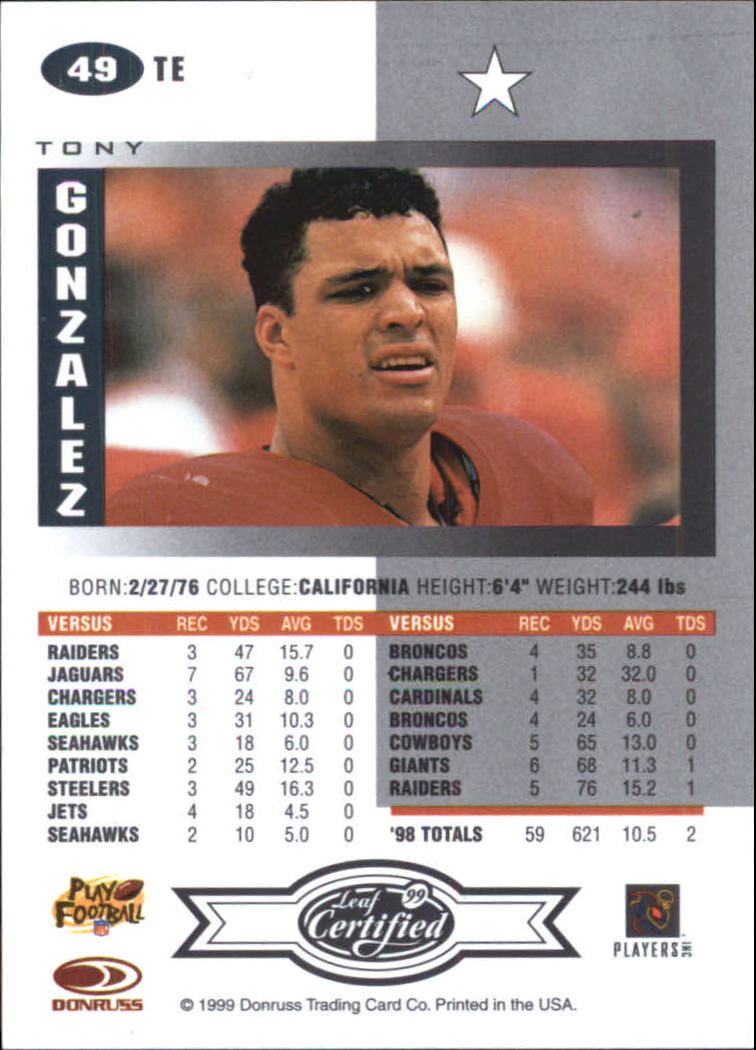 1999 Leaf Certified #49 Tony Gonzalez back image