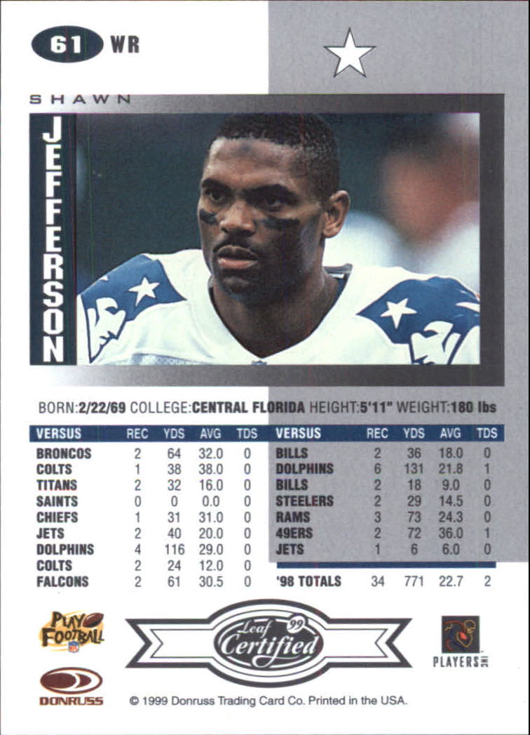 1999 Leaf Certified #61 Shawn Jefferson back image