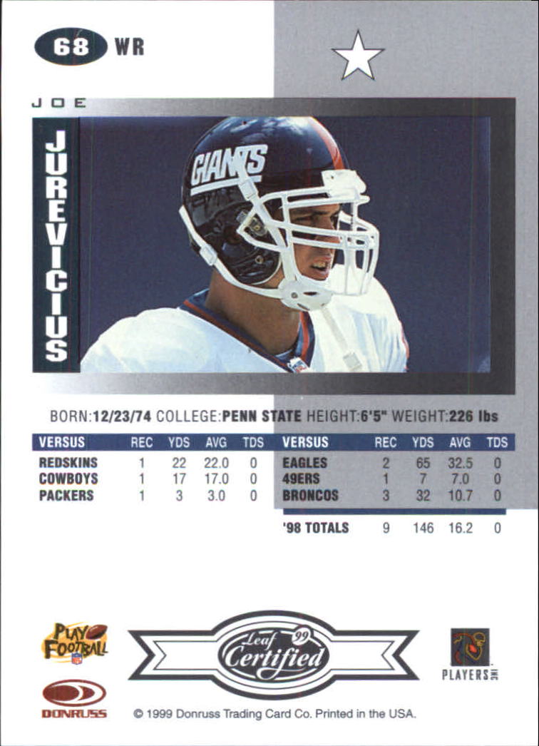1999 Leaf Certified #68 Joe Jurevicius back image