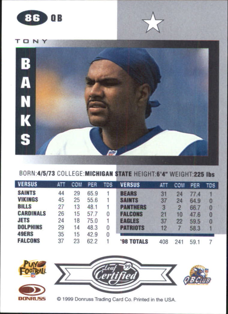 1999 Leaf Certified #86 Tony Banks back image