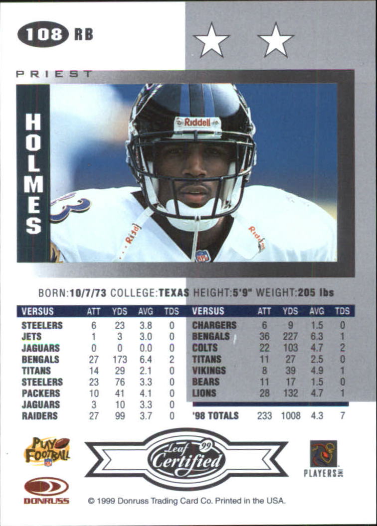 1999 Leaf Certified #108 Priest Holmes back image