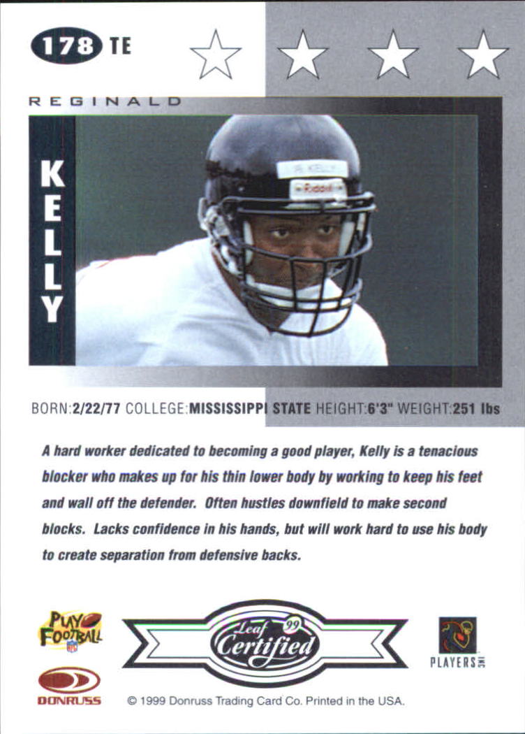 1999 Leaf Certified #178 Reginald Kelly RC back image
