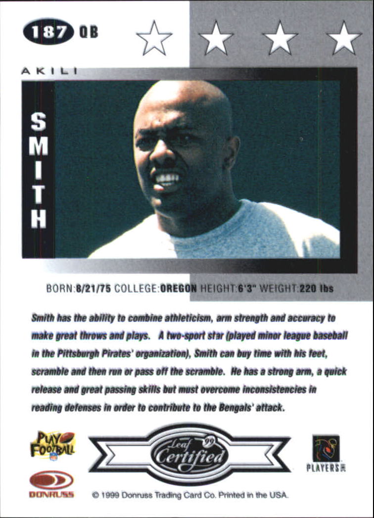 1999 Leaf Certified #187 Akili Smith RC back image