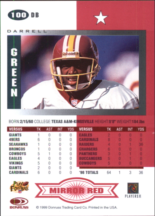 1999 Leaf Certified Mirror Red #100 Darrell Green back image