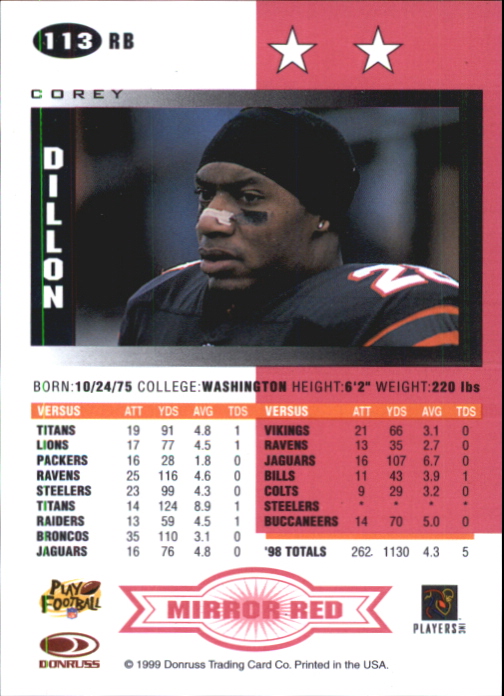 1999 Leaf Certified Mirror Red #113 Corey Dillon back image