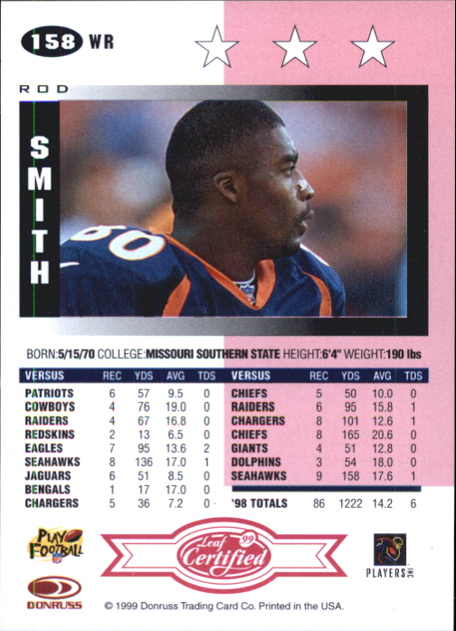 1999 Leaf Certified Mirror Red #158 Rod Smith back image