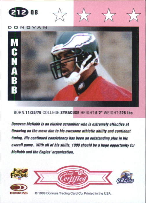 1999 Leaf Certified Mirror Red #212 Donovan McNabb back image