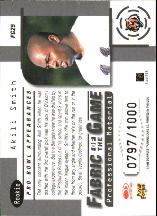 1999 Leaf Certified Fabric of the Game #FG25 Akili Smith/1000 back image