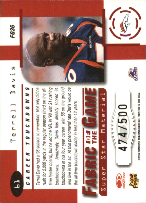 1999 Leaf Certified Fabric of the Game #FG36 Terrell Davis/500 back image