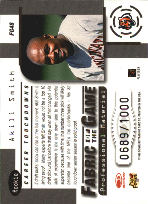 1999 Leaf Certified Fabric of the Game #FG48 Akili Smith/1000 back image