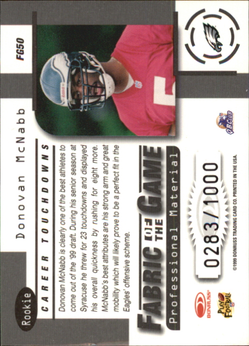 1999 Leaf Certified Fabric of the Game #FG50 Donovan McNabb/1000 back image
