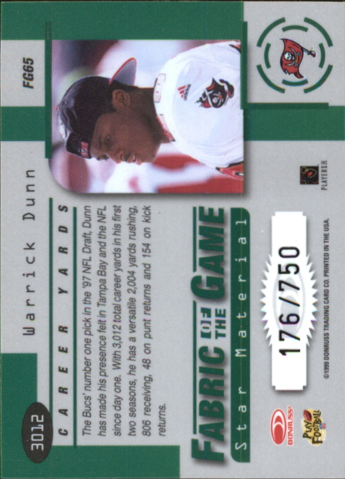 1999 Leaf Certified Fabric of the Game #FG65 Warrick Dunn/750 back image